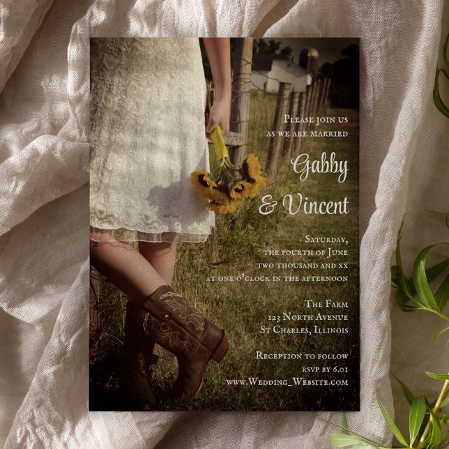 Bride, Cowboy Boots och Solblommor Ranch Bröllop Inbjudningar (Skapare uppladdad)