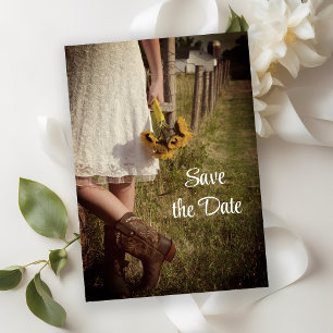 Bride, Cowboy Boots, Solblommor Farm Spara datum Inbjudningar