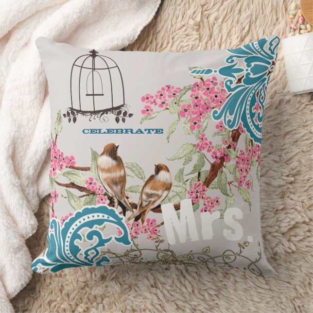 Bride Damask Love Bird Cherry Blommar Birdcage Kudde (Filt)