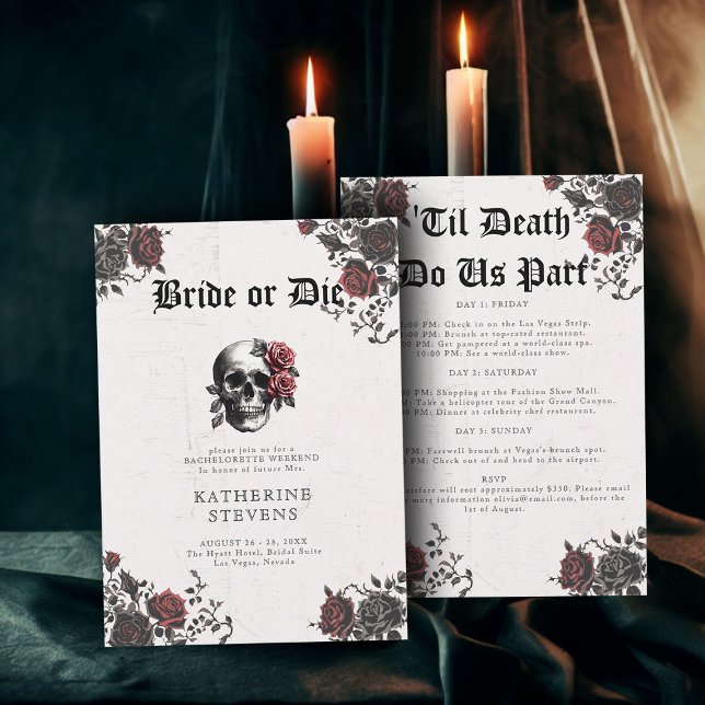 Bride Die Goth Skull Bachelorette Party Itinerary Inbjudningar (bride or die bachelorette party invitation weekend itinerary goth skull floral roses romantic moody )