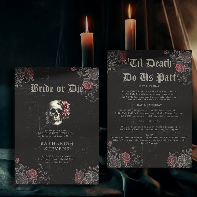 Bride Die Skull Ro Bachelorette Party Itinerary Inbjudningar (bride or die bachelorette party invitation itinerary moody dark goth gothic til death floral skull)
