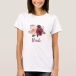 Bride Dusty Ro Burgundy Blommigt Bröllop T Shirt<br><div class="desc">Den här T-skjortan har en vattenfärgsdesign med  rosa och burgudisk ro. Anpassa den med din egen text. Matchande produkter är tillgängliga. Besök vår butik eller visa våra samlingssidor för att se fullt.</div>