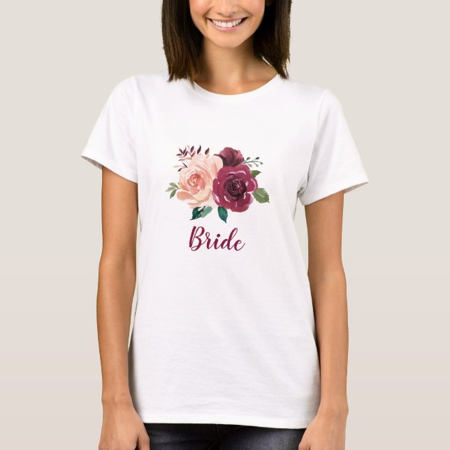 Bride Dusty Ro Burgundy Blommigt Bröllop T Shirt (Framsida)