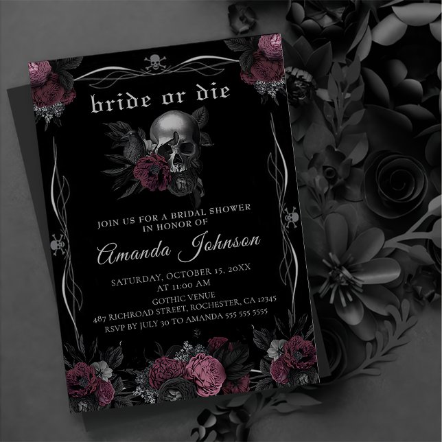 Bride eller Die Burgundy Gothic Skull Bachelorette Inbjudningar (Skapare uppladdad)