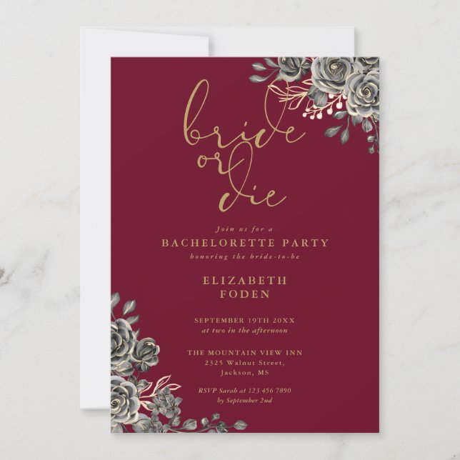 Bride eller Die Gothic Blommigt Bachelorette Party Inbjudningar (Framsida)