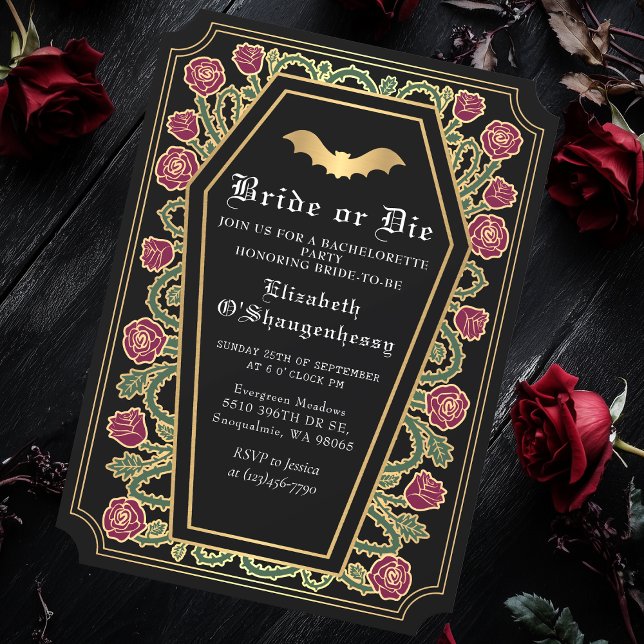 Bride eller Die Gothic Coffin Bachelorette Party Inbjudningar (Skapare uppladdad)