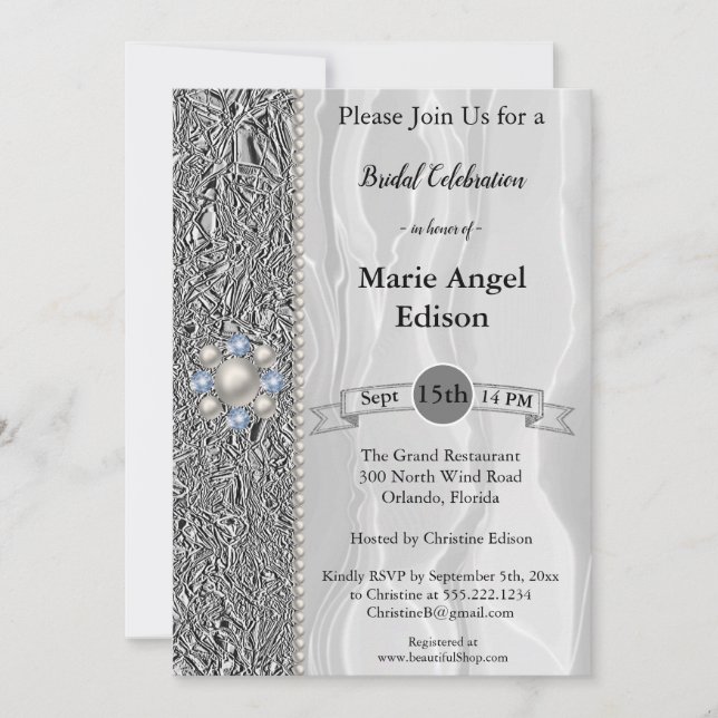 Bride Firande Silver Foil, White Silke & Pearls Inbjudningar (Framsida)