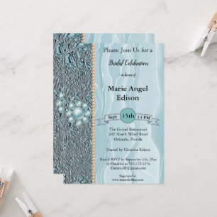 Bride Firande Teal Blue Foil & Silke & Pearls I Inbjudningar