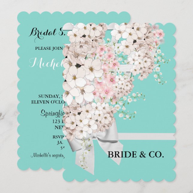 BRIDE Flowers & Lattice Teal Blue Shower Party Inbjudningar (Fram/baksida)