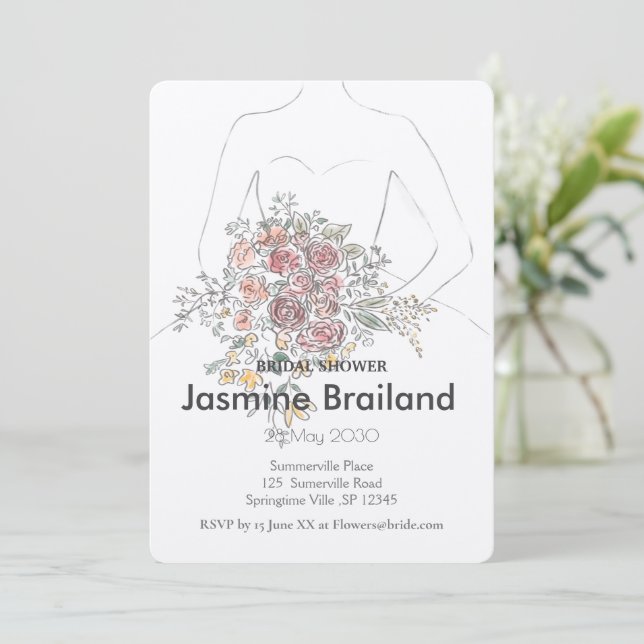 Bride Gown med Blommigt Bouquet Möhippa Inbjudningar (Stående Fram)