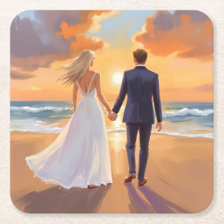Bride & Groom Beach Wedding Watercolor Underlägg Papper Kvadrat