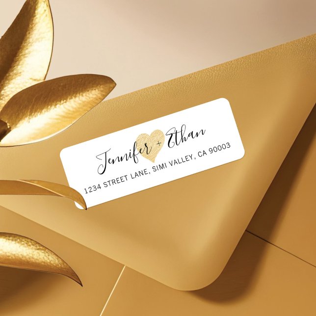 Bride + Groom Bröllop | Snyggt Guld Kärlek Heart Returadress Etikett (Bride + Groom Wedding | Stylish Gold Love Heart Label)