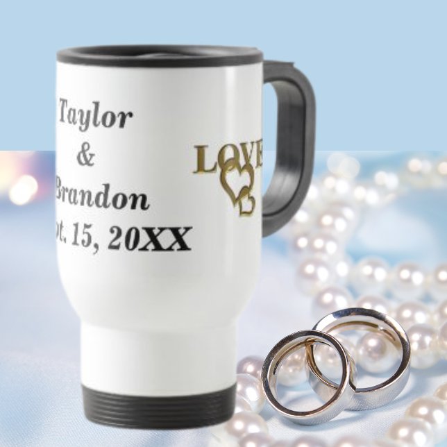 Bride & Groom Custom Name & Date Gold Love Hearts Resemugg (Bride & Groom Custom Name & Date Gold Love Hearts Travel Mug)