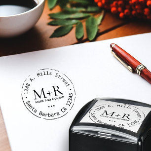 Bride groom namn monogram bröllop adress självfärgande stämpel
