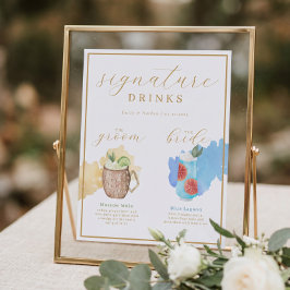 Bride & Groom Namnteckning Drinks Watercolor Cockt Poster