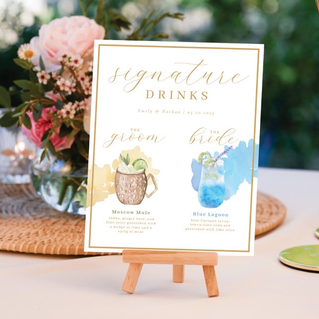Bride & Groom Namnteckning Drinks Watercolor Cockt Poster (Bride & Groom Signature Drinks Watercolor Cocktail Poster)