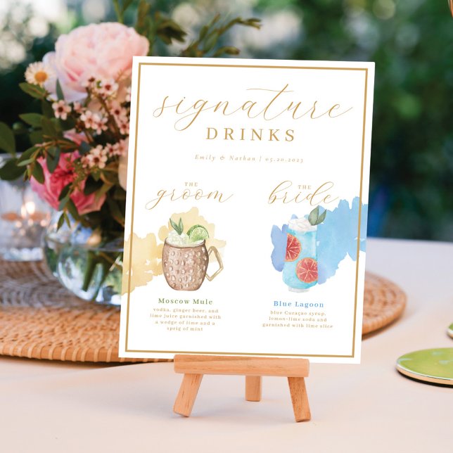Bride & Groom Namnteckning Drinks Watercolor Cockt Poster (Bride & Groom Signature Drinks Watercolor Cocktail Poster)