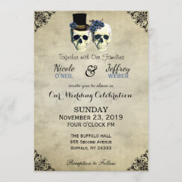 Bride & Groom Skull Goth Rustic Bröllop Blue Inbjudningar