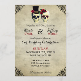 Bride & Groom Skull Goth Rustic Bröllop Red Inbjudningar