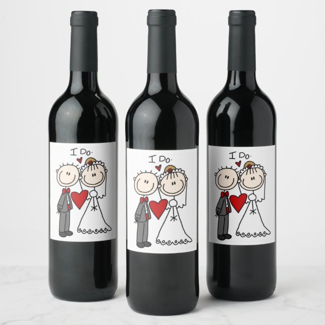 Bride & Groom Stick figurer Bröllop I Do Vinflaska Etikett (Flaskor)
