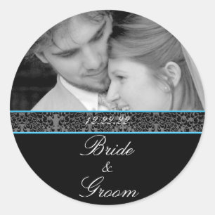 Bride & Groom Sticker Fotosvart med blå trim Runt Klistermärke