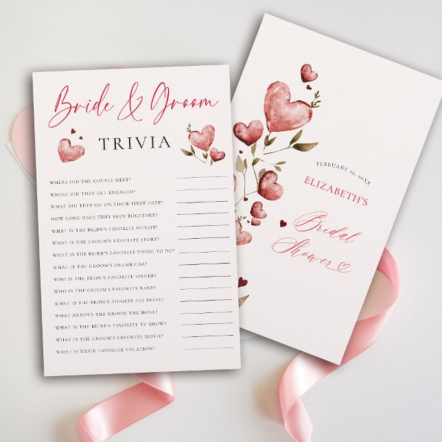 Bride Groom Trivia Valentine Bridal Shower Elegant Flygblad (valentine bridal shower game bride groom trivia brunch bubbly watercolor hearts showered with love)