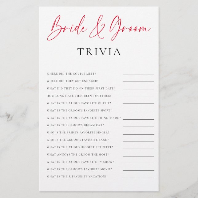 Bride Groom Trivia Valentine Bridal Shower Game Flygblad (Framsidan)