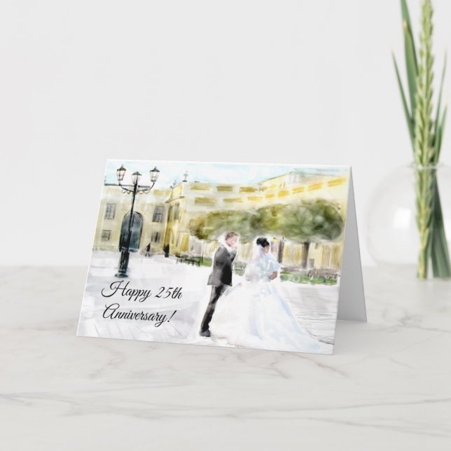 Bride & Groom Watercolor Bröllop-årskort Kort (Framsida)