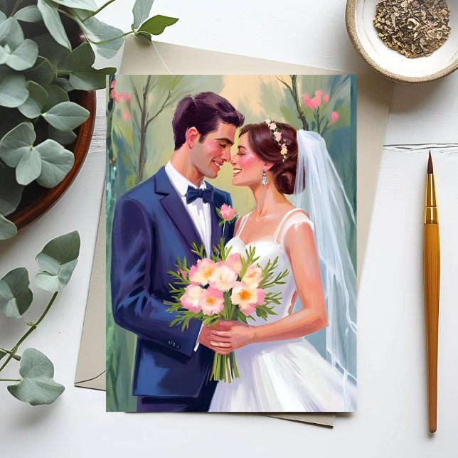 Bride & Groom | Wedding Newlyweds Watercolor Vykort (Skapare uppladdad)