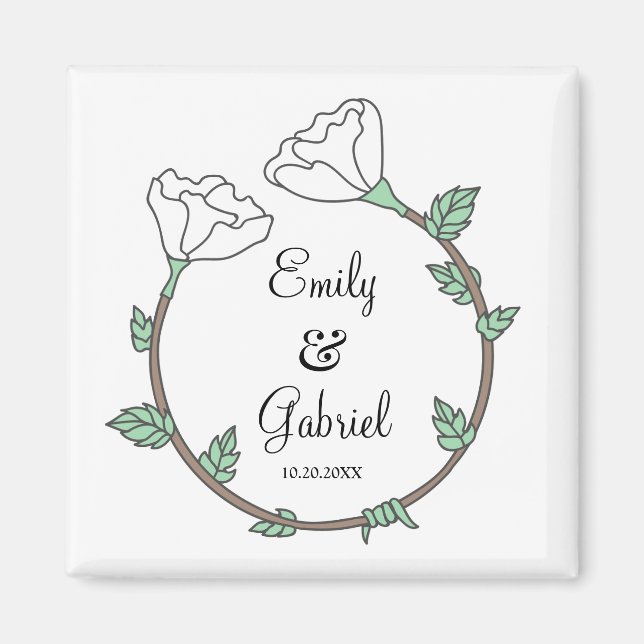 Bride Groom White Blommigt Bröllop Ring Newlyweds  Magnet (Framsidan)