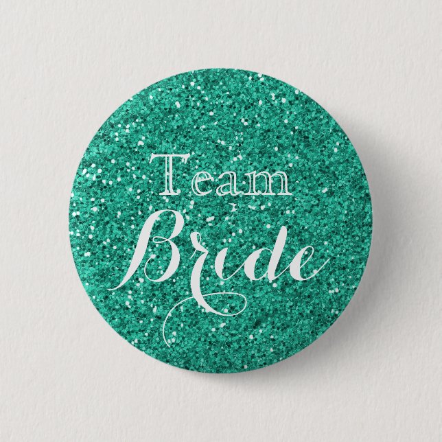 Bride i Teal Glitter Faux Foil Bröllop Team Bride Knapp (Framsida)