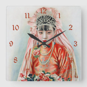 Bride in Chinese Red Shanghai Yuefenpai Fyrkantig Klocka