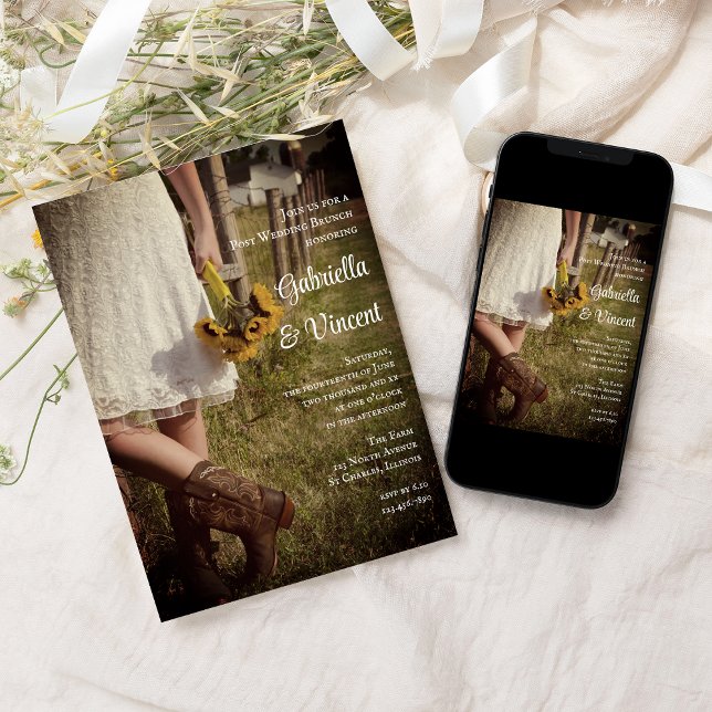 Bride in CowboyBoots Ranch Post Bröllop Brunch Inbjudningar (Skapare uppladdad)