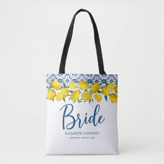 Bride Italy Blue Tile Lemon Boho Bröllop Tygkasse