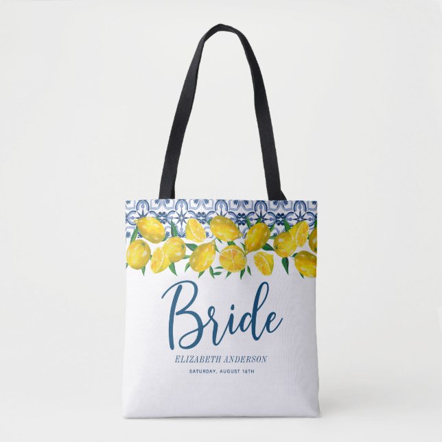 Bride Italy Blue Tile Lemon Boho Bröllop Tygkasse (Framsida)