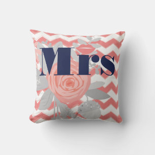 Bride Läppar Navy Coral Grått Zig Zag Blommigt Kudde