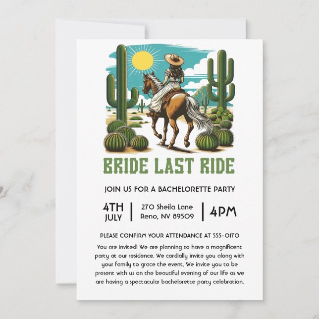 Bride Last Ride Spinster Bachelorette Party Inbjudningar (Framsida)