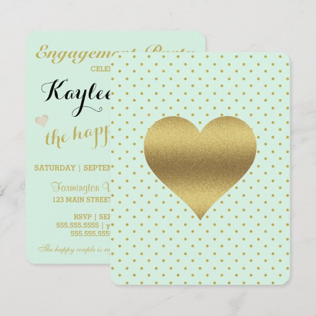 BRIDE Mint och Guld Heart Polka Dot Shower Party Inbjudningar (Fram/baksida)