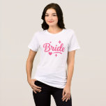 Bride Neon Pink Script T Shirt<br><div class="desc">Celebrate your special day with this vibrant "Bride" design in bold neon pink script, accented with playful stars and a heart. Perfect for bachelorette parties, bridal showers, hen dos, and wedding celebrations! Add a fun, festive touch to t-shirts, tote bags, mugs, and more. Make the bride-to-be feel extra special with...</div>