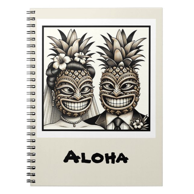 Bride och Groom Aloha Pineapple Tiki Head Bröllop Anteckningsbok (Framsidan)