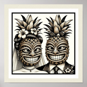 Bride och Groom Aloha Pineapple Tiki Head Bröllop Poster