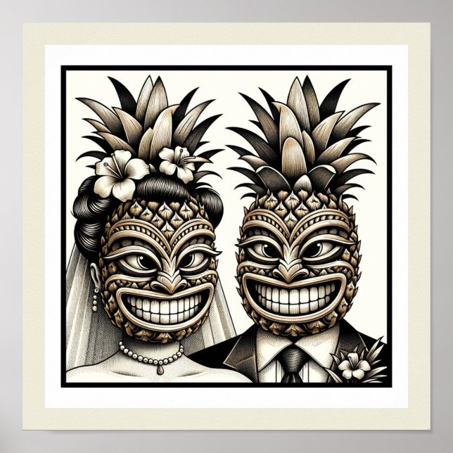 Bride och Groom Aloha Pineapple Tiki Head Bröllop Poster (Framsidan)