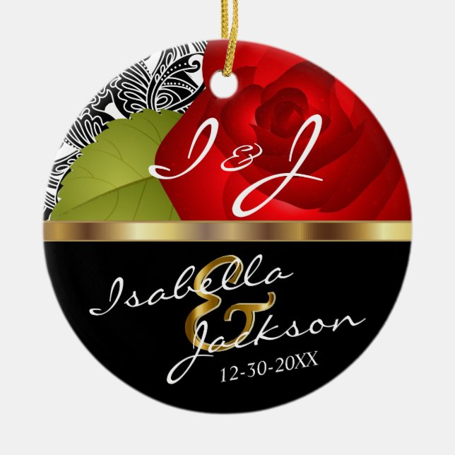 Bride och Groom Bröllop Röd ros Keepsaké Julgransprydnad Keramik (Framsidan)