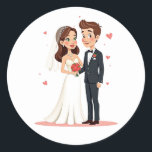 Bride och Groom Bröllop Sticker Runt Klistermärke<br><div class="desc">Ett bra tecknad-dekal med ett nylyft par för hela ditt romantiska firande!</div>