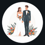 Bride och Groom Bröllop Sticker Runt Klistermärke<br><div class="desc">Elegant illustration av en brud- och trimhållningsbuketter,  perfekt för bröllop-dekoration eller personifiering av dina bröllop-objekt.</div>