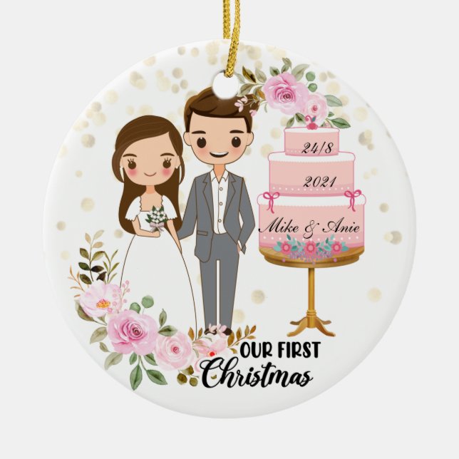 Bride och Groom Chibi Bröllop Gift Keepie Person Julgransprydnad Keramik (Framsidan)