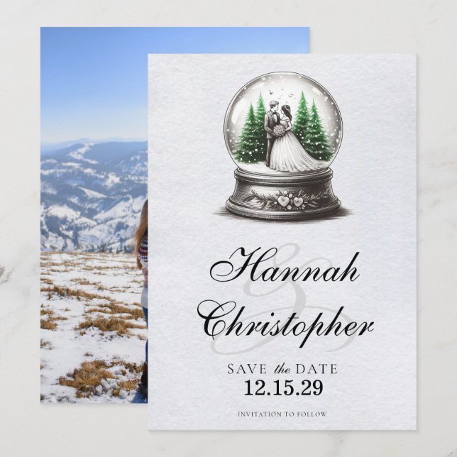 Bride och Groom Snö Globe Spara Datumet (Fram/baksida)