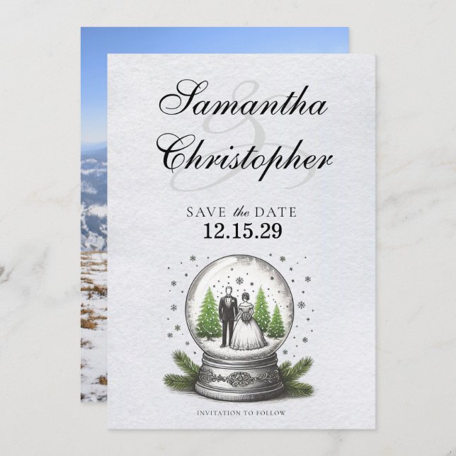 Bride och Groom Snö Globe Spara Datumet (Fram/baksida)