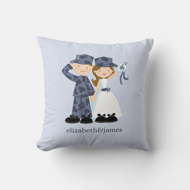 Bride och soldat i Blue Camouflage Bröllop Kudde (Framsida)
