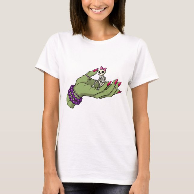 Bride of Frankenstein Hand with Skeleton Bow T Shirt (Framsida)